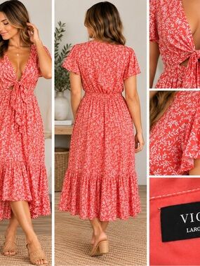 Vici Coral Floral Tie-Front Midi Dress